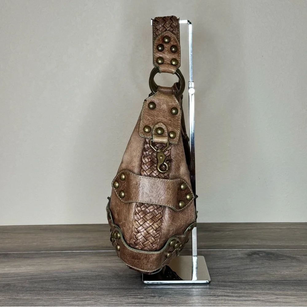 Isabella Fiore Oasis Hobo Brown Distressed Leather Brass Studded Shoulder Bag - Picture 3 of 16